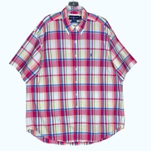 Ralph Lauren Button Down Shirt Mens XL Pink Plaid Blake Cotton Short Sleeve Pony